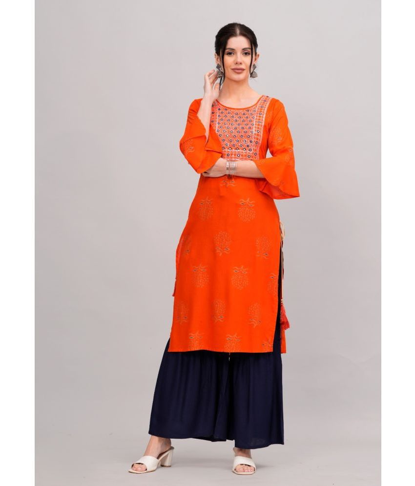     			MAUKA Rayon Embroidered Kurti With Sharara And Gharara Women's Stitched Salwar Suit - Orange ( Pack of 1 )