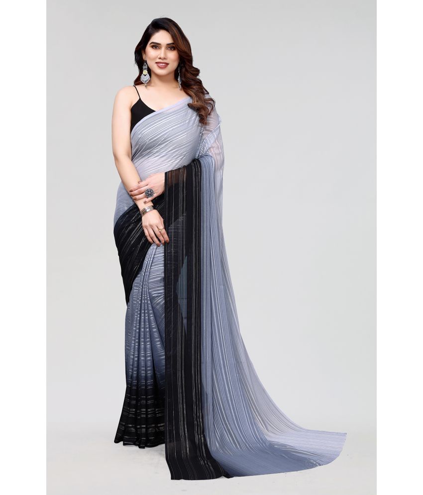     			ANAND SAREES Satin Striped Saree With Blouse Piece - Grey ( Pack of 1 )