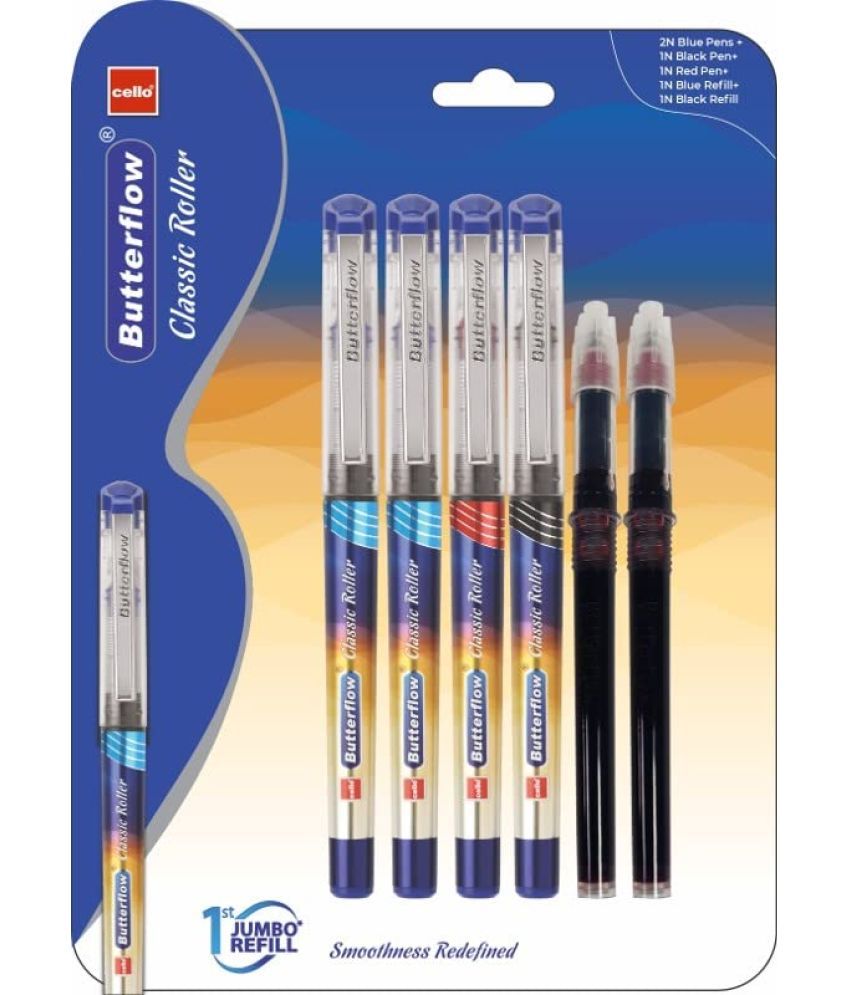     			Cello Butterflow Classic Roller Pen Blister Pack - 4 Blue & 4 Black Ink Pens With 4 Jumbo Refills