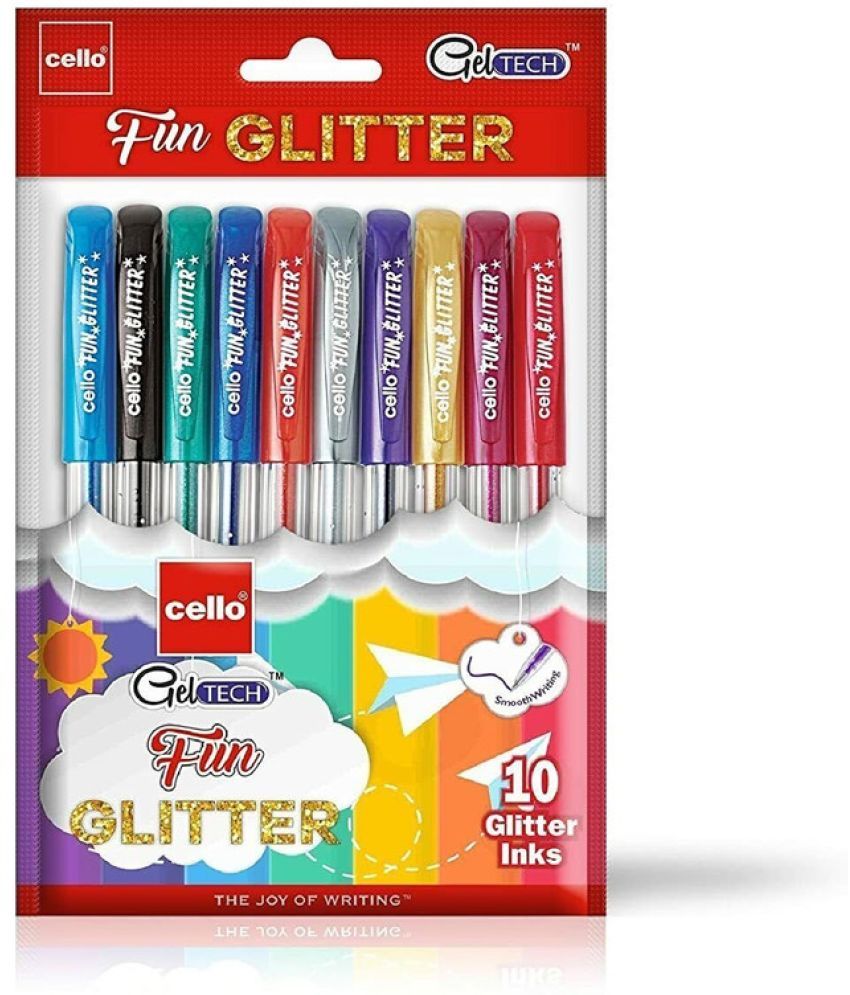     			Cello Geltech Fun Glitter 1.0 mm 30 Gel Pen - 10 Pcs x 3 Packs - Transparent Body with Sparkled and Multicolor Ink