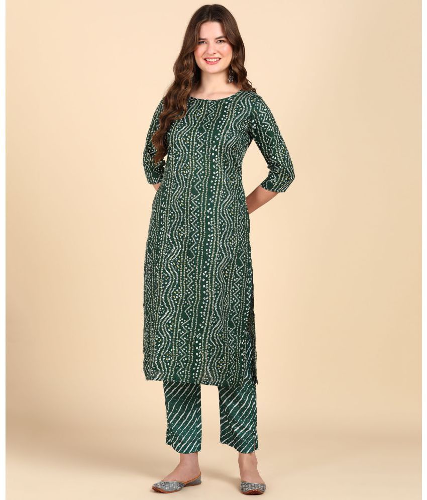     			Hiva Trendz Cotton Blend Printed Kurti With Pants Women's Stitched Salwar Suit - Green ( Pack of 1 )