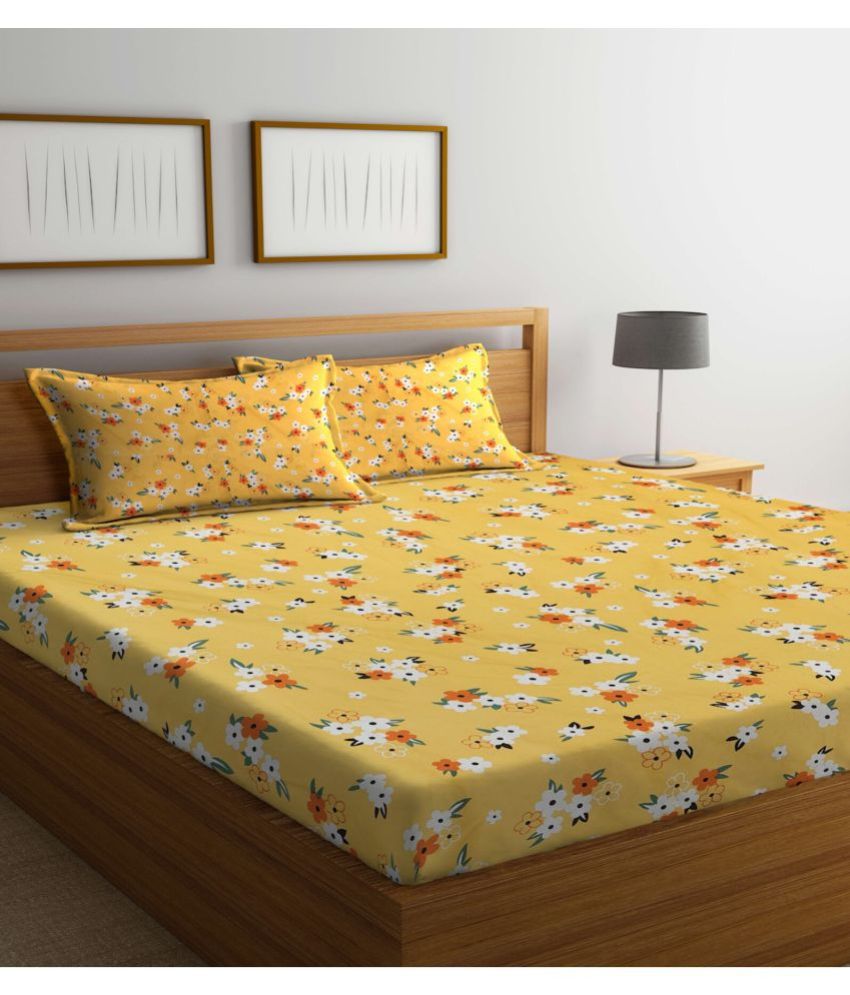    			Klotthe Poly Cotton Floral 1 Double King Size Bedsheet with 2 Pillow Covers - Yellow