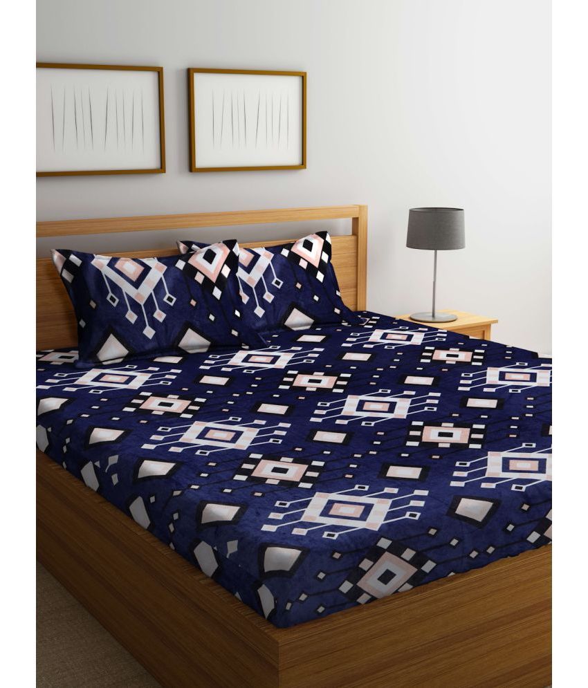     			Klotthe Woollen Geometric 1 Double King Size Bedsheet with 2 Pillow Covers - Blue