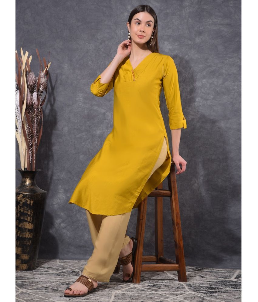     			Mamoose Rayon Self Design Straight Women's Kurti - Yellow ( Pack of 1 )