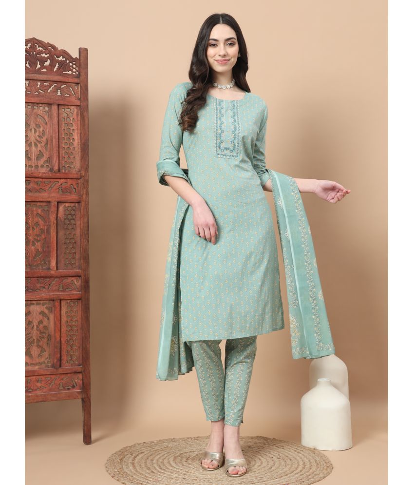     			Yufta Cotton Embroidered Kurti With Pants Women's Stitched Salwar Suit - Sea Green ( Pack of 1 )