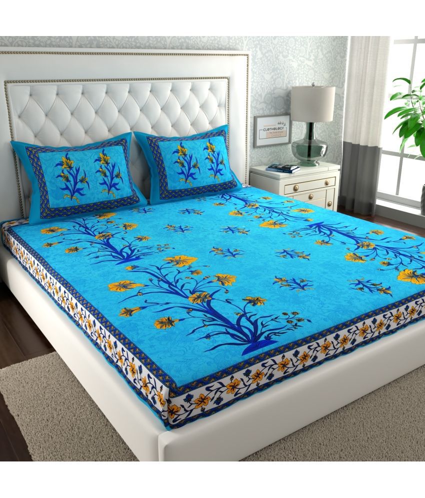     			CLOTHOLOGY Cotton Ethnic 1 Double Bedsheet with 2 Pillow Covers - Light Blue