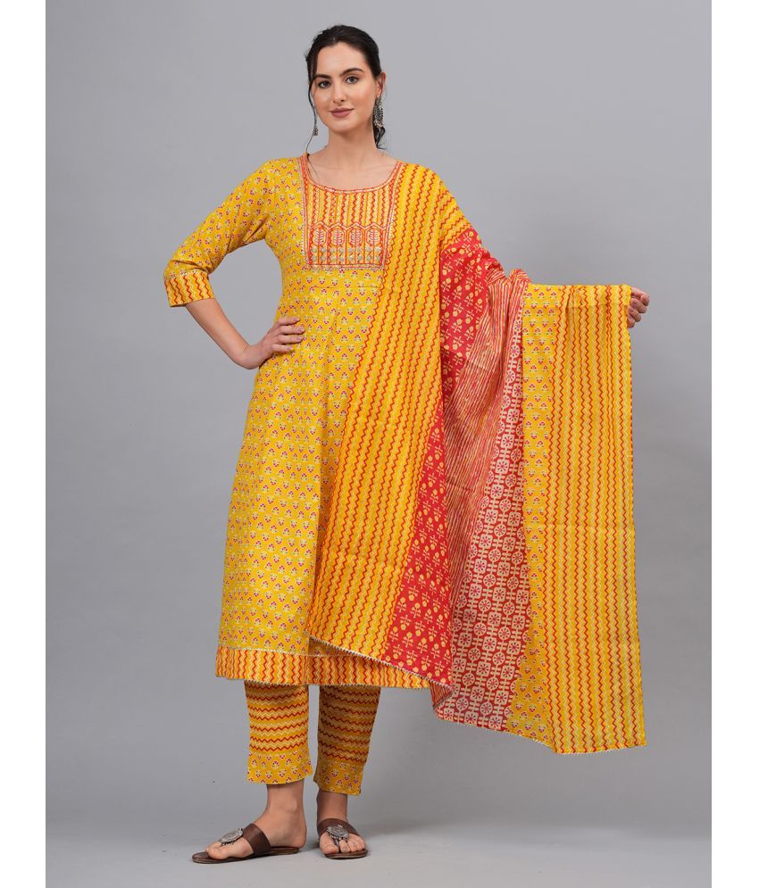     			JC4U Cotton Self Design Kurti With Pants Women's Stitched Salwar Suit - Yellow ( Pack of 1 )