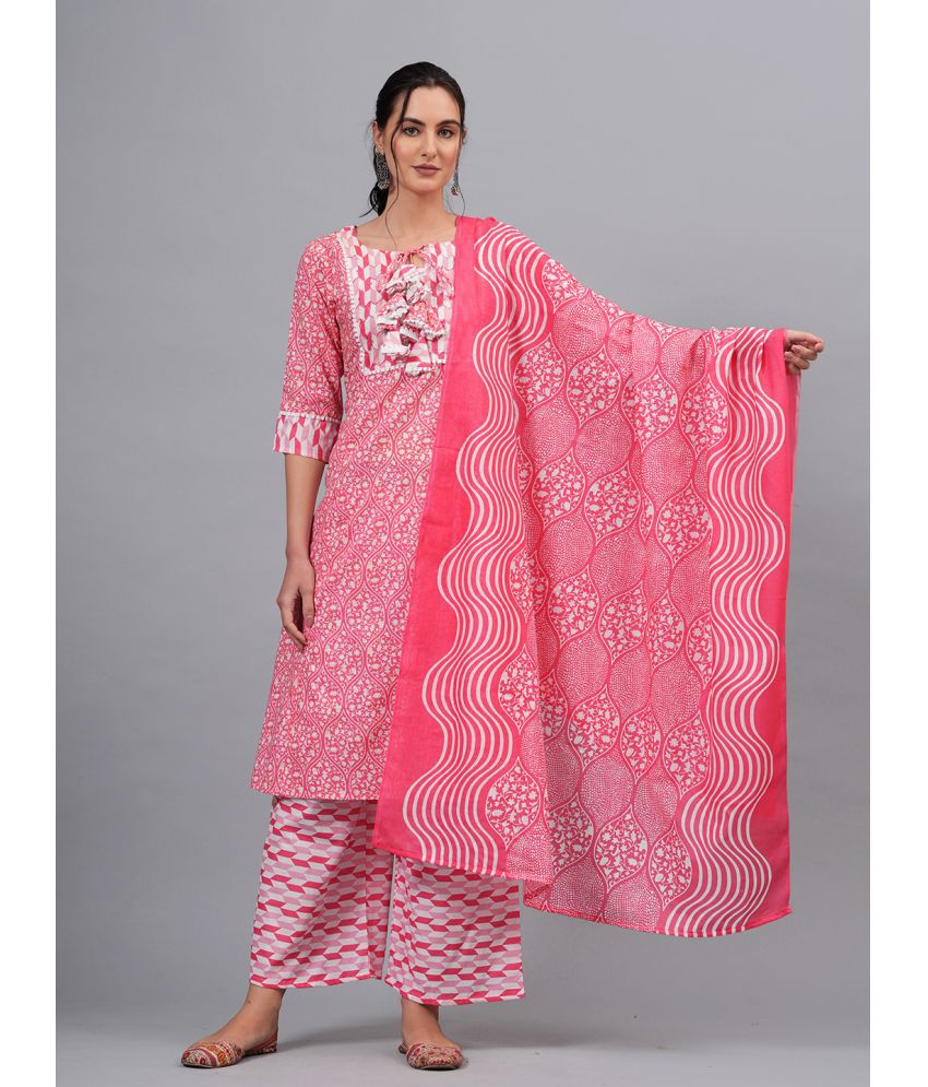     			JC4U Cotton Self Design Kurti With Pants Women's Stitched Salwar Suit - Pink ( Pack of 1 )
