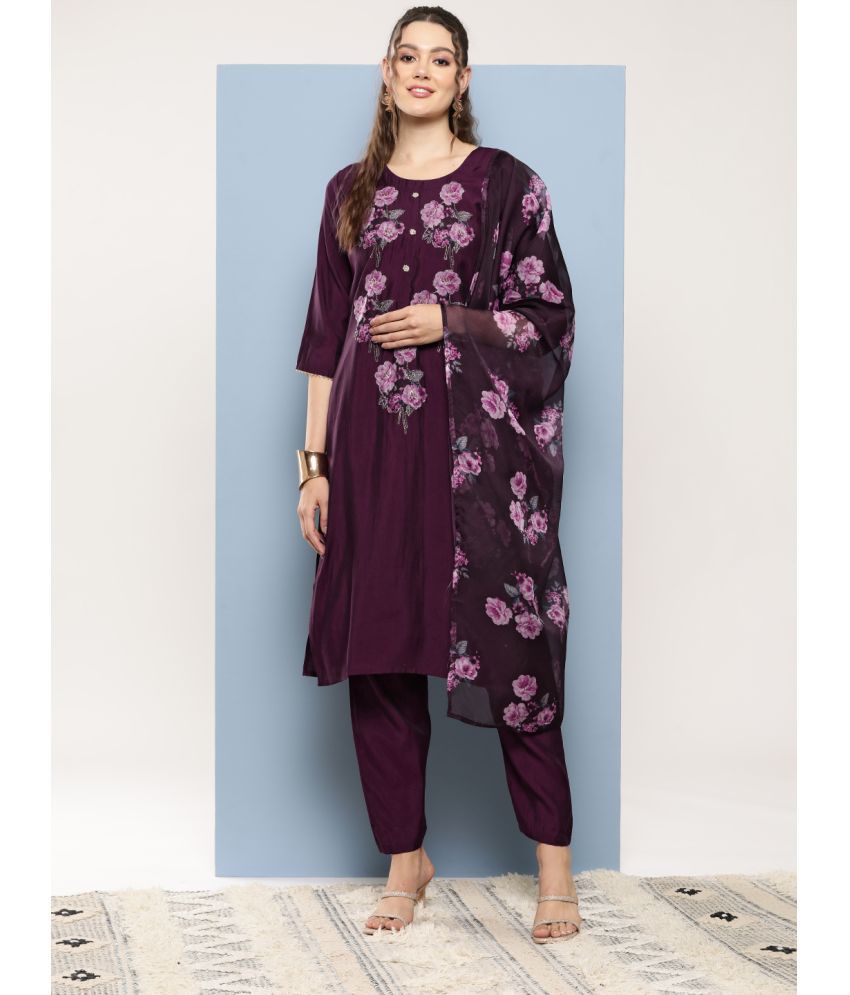     			Aarika Silk Embroidered Kurti With Pants Women's Stitched Salwar Suit - Purple ( Pack of 1 )