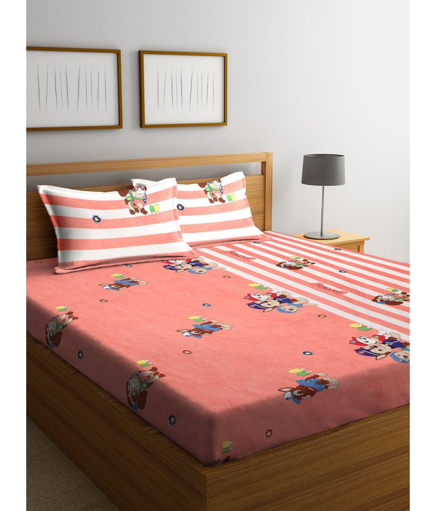     			FABINALIV Poly Cotton Animal 1 Double Bedsheet with 2 Pillow Covers - Coral