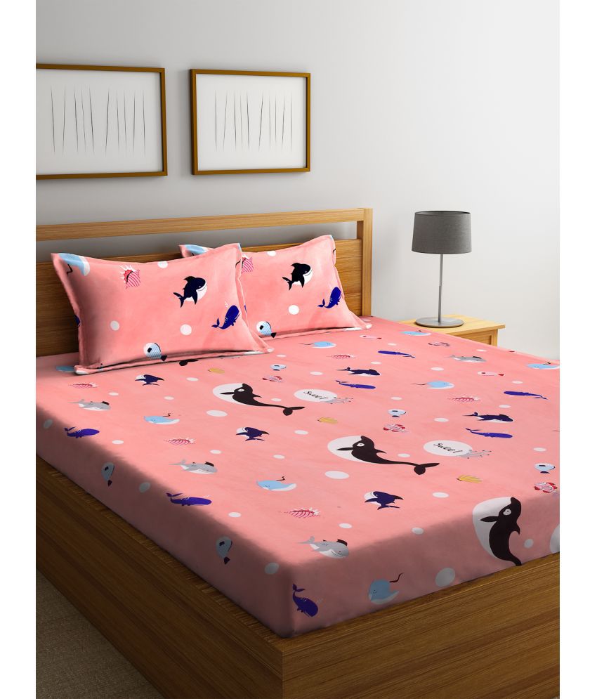     			FABINALIV Poly Cotton Animal 1 Double Bedsheet with 2 Pillow Covers - Peach