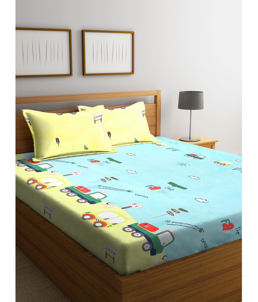    			FABINALIV Poly Cotton Animal 1 Double Bedsheet with 2 Pillow Covers - Turquoise