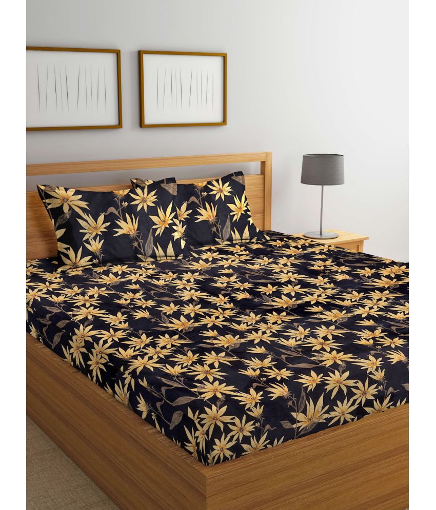     			FABINALIV Poly Cotton Floral 1 Double Bedsheet with 2 Pillow Covers - Black