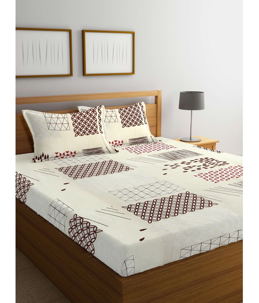     			FABINALIV Poly Cotton Geometric 1 Double Bedsheet with 2 Pillow Covers - Cream