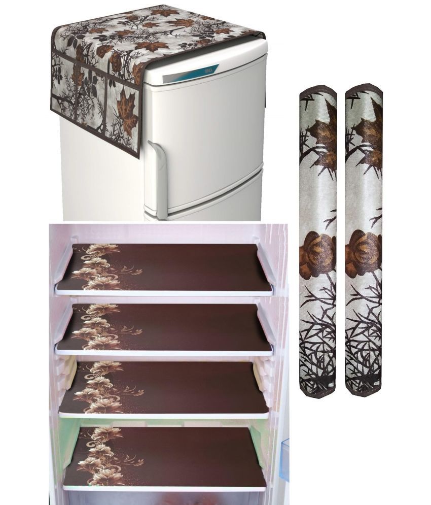    			SHUBH Polyester Floral Fridge Mat & Cover ( 99 58 ) Pack of 7 - Brown