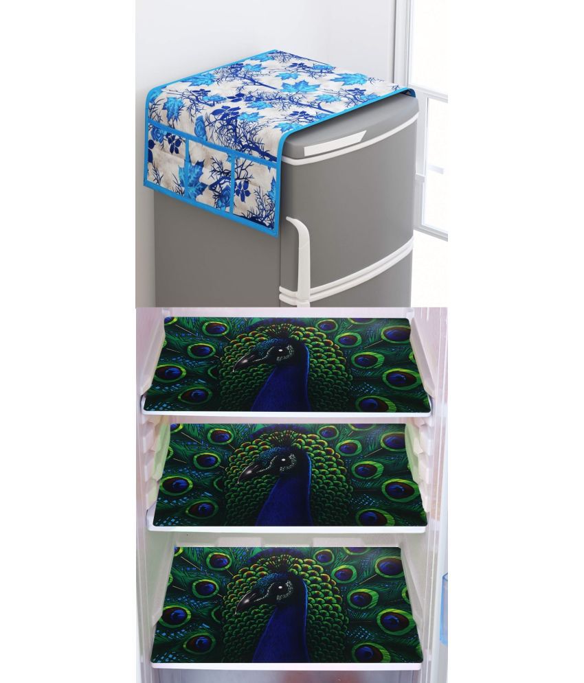     			SHUBH Polyester Floral Fridge Mat & Cover ( 99 58 ) Pack of 4 - Blue