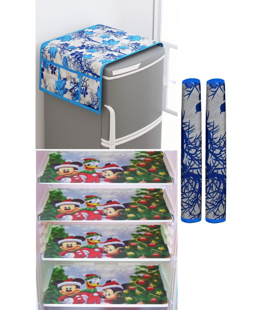     			SHUBH Polyester Floral Fridge Mat & Cover ( 99 58 ) Pack of 7 - Blue