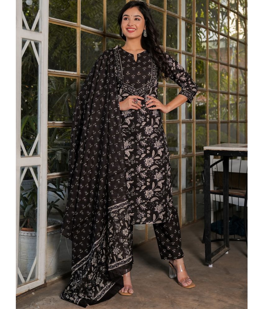     			Vbuyz Cotton Printed Kurti With Pants Women's Stitched Salwar Suit - Black ( Pack of 1 )