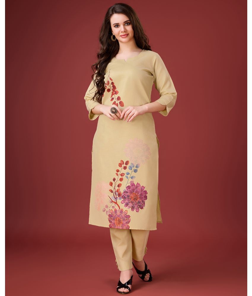     			MOJILAA Linen Printed Kurti With Pants Women's Stitched Salwar Suit - Beige ( Pack of 1 )