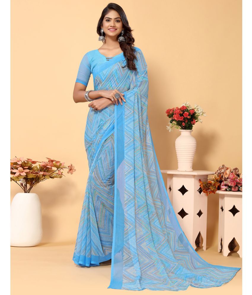     			Samah Chiffon Printed Saree With Blouse Piece - Light Blue ( Pack of 1 )