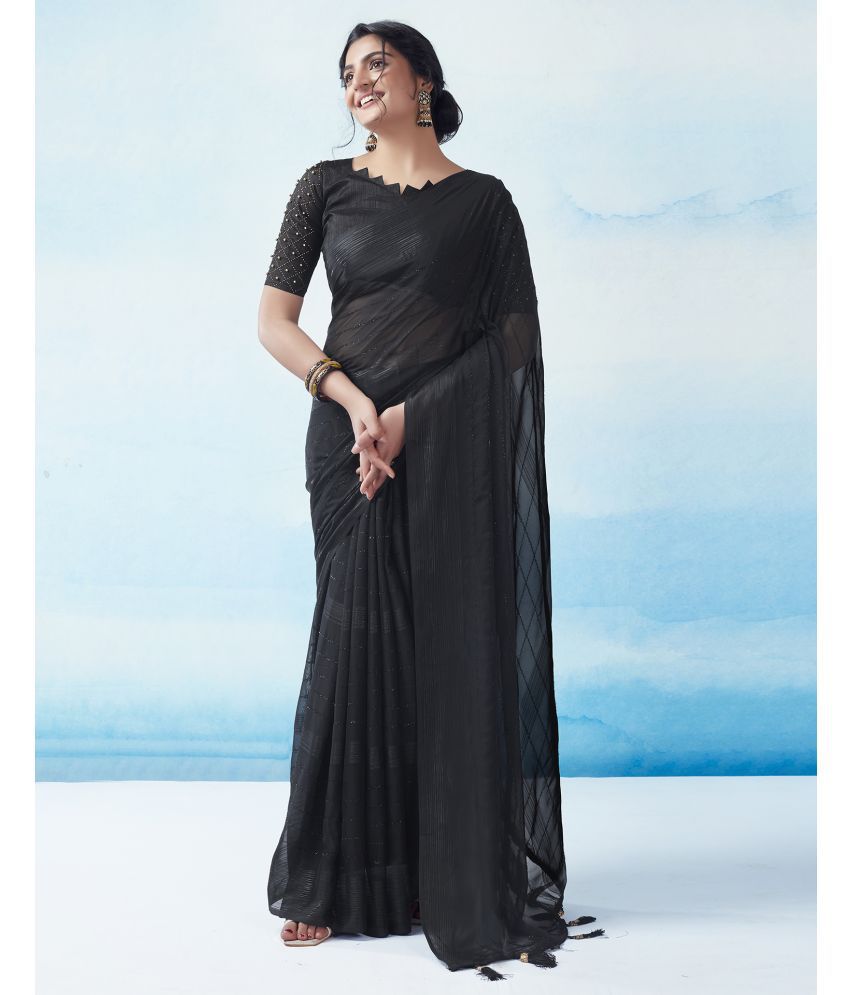     			Samah Georgette Dyed Saree With Blouse Piece - Black ( Pack of 1 )