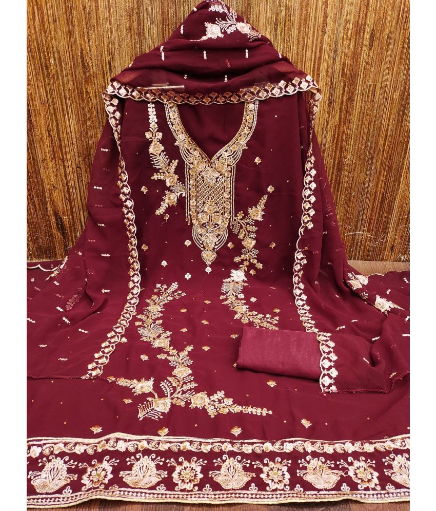     			Apnisha Unstitched Georgette Embroidered Dress Material - Maroon ( Pack of 1 )