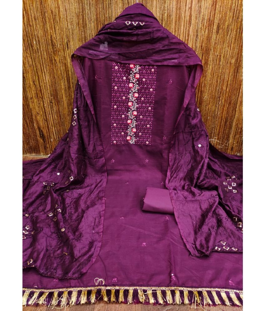     			Apnisha Unstitched Silk Embroidered Dress Material - Purple ( Pack of 1 )