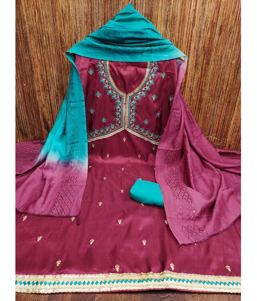     			Apnisha Unstitched Silk Embroidered Dress Material - Magenta ( Pack of 1 )