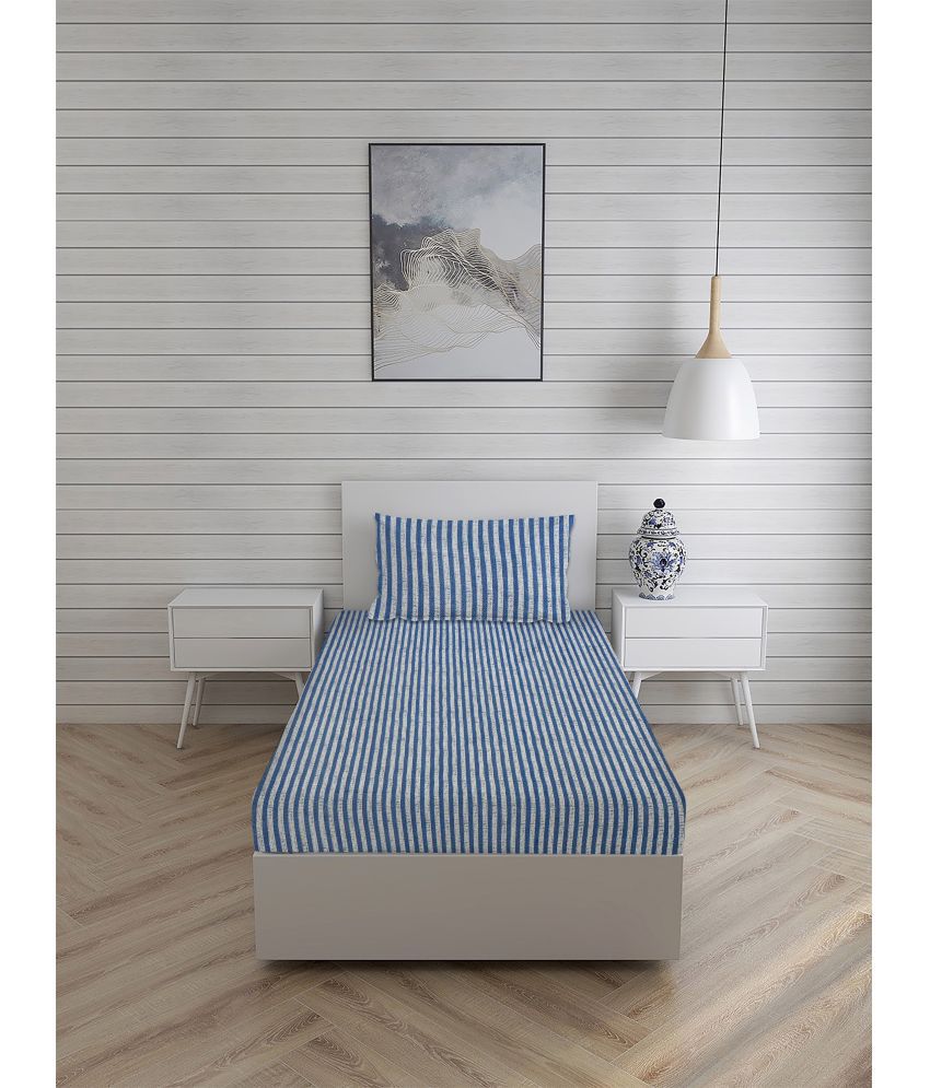     			HOMETALES Microfiber Vertical Striped 1 Single Bedsheet with 1 Pillow Cover - blue
