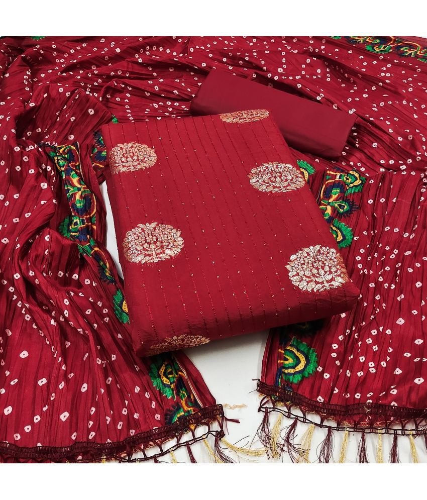    			JULEE Unstitched Jacquard Embellished Dress Material - Red ( Pack of 1 )