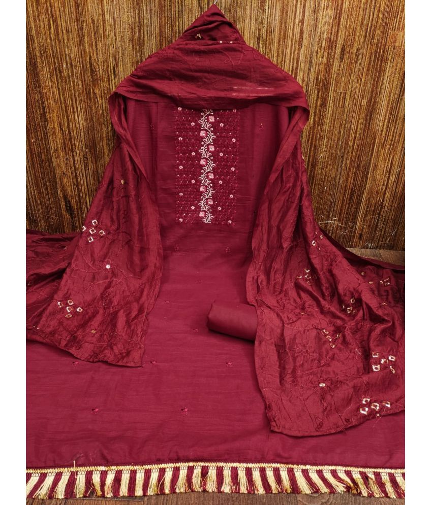     			JULEE Unstitched Silk Embroidered Dress Material - Maroon ( Pack of 1 )