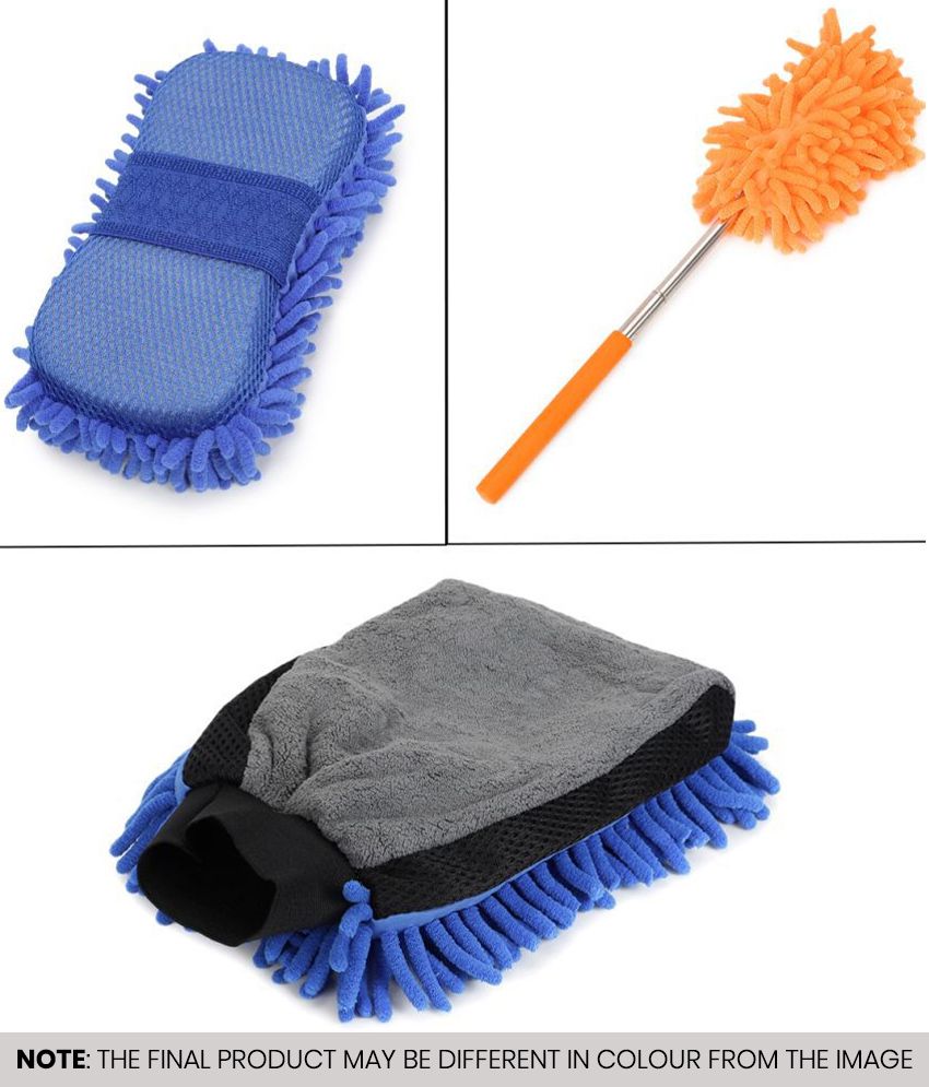     			HOMETALES - Car Cleaning Combo Of Dual Sided Microfiber Gloves , Sponge And Mini Extendable Duster for car accessories( Pack Of 3 )