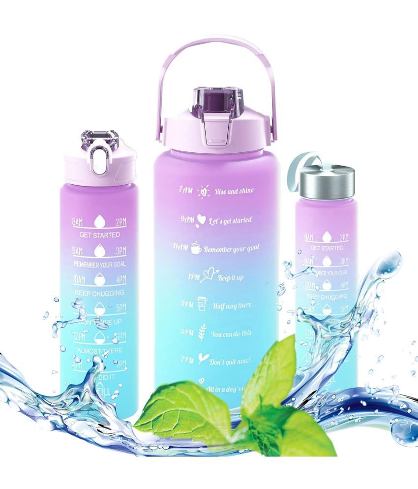    			House of Quirk 3 Pc Sticker Water Bottle with Straw, Sports Water Bottles with Handle, Leak Proof Drinks Bottle BPA Free (Purple/Blue, 2Litre+900ml+280ml)