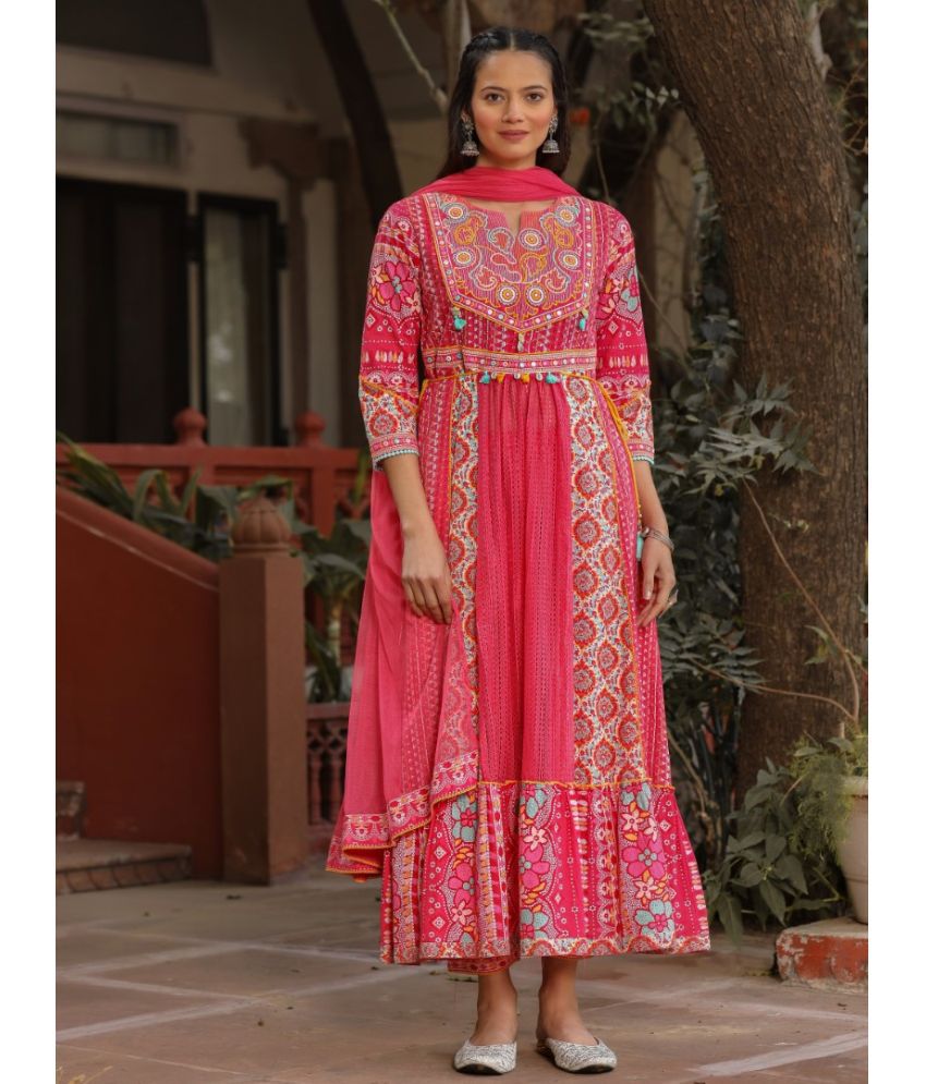     			Juniper Cotton Printed Kurti With Pants Women's Stitched Salwar Suit - Pink ( Pack of 1 )