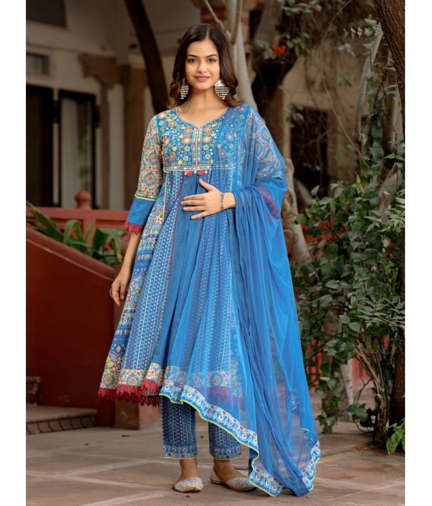     			Juniper Cotton Printed Kurti With Pants Women's Stitched Salwar Suit - Blue ( Pack of 1 )