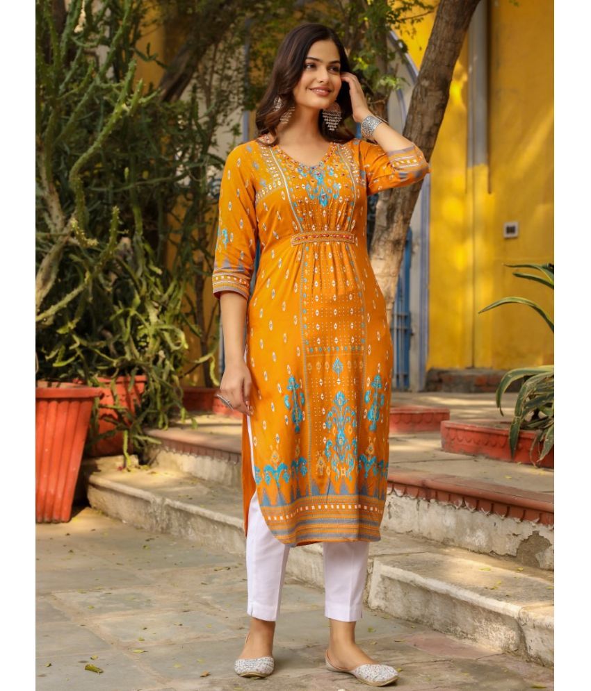     			Juniper Rayon Printed Straight Women's Kurti - Yellow ( Pack of 1 )