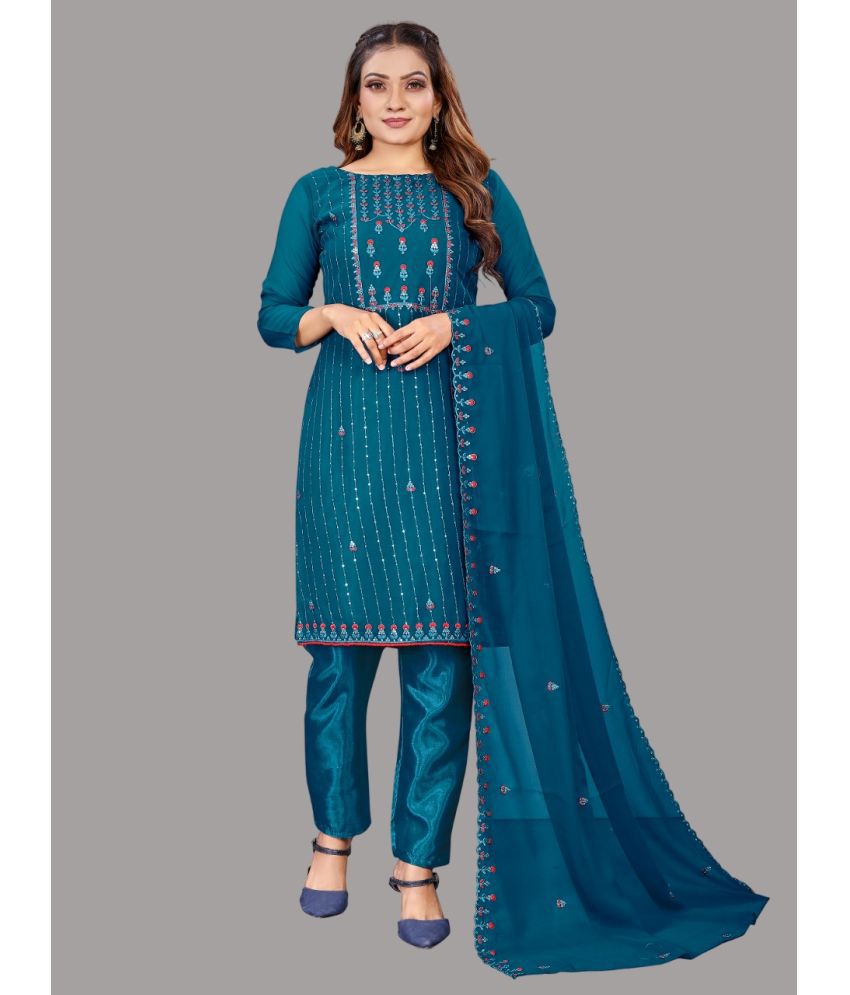     			Aika Unstitched Georgette Embroidered Dress Material - Teal ( Pack of 1 )