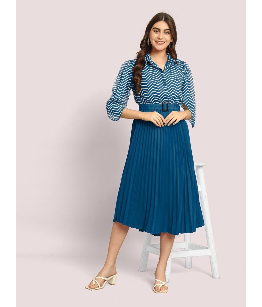     			JASH CREATION Polyester Striped Midi Women's Fit & Flare Dress - Blue ( Pack of 1 )