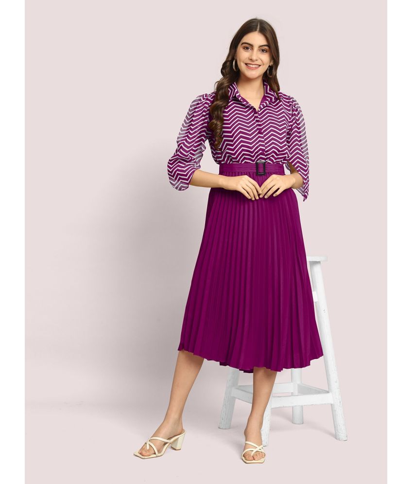     			JASH CREATION Polyester Striped Midi Women's Fit & Flare Dress - Magenta ( Pack of 1 )