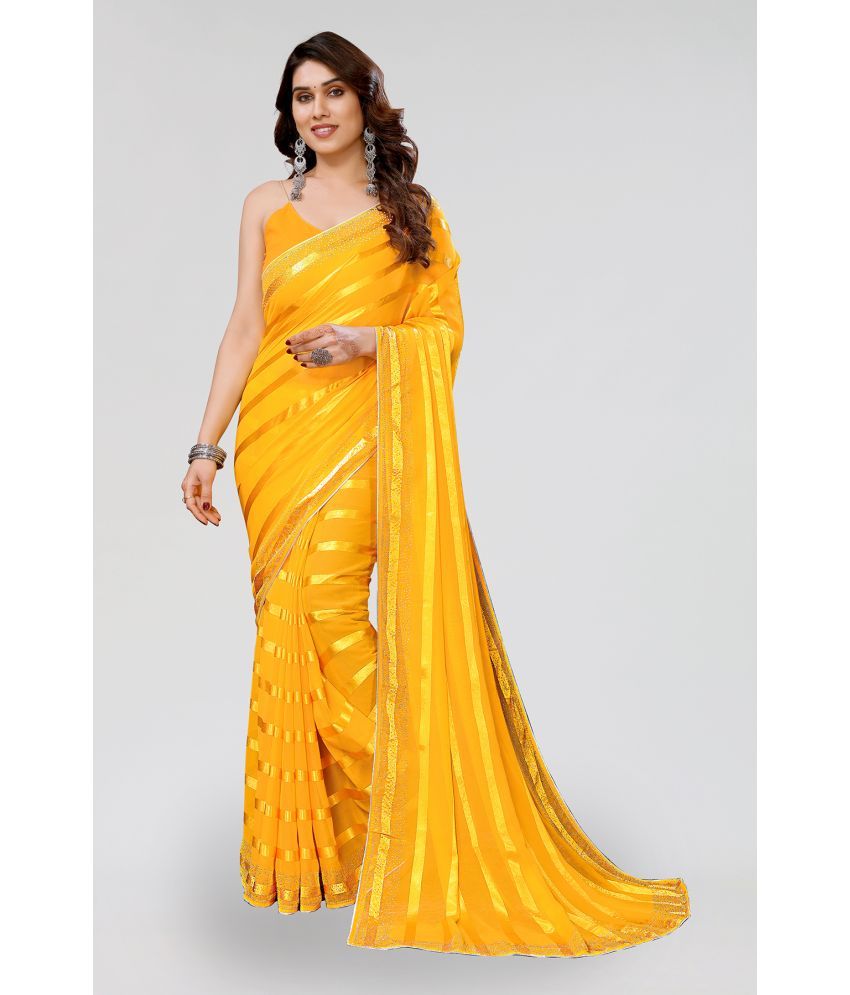     			ANAND SAREES Satin Striped Saree With Blouse Piece - Yellow ( Pack of 1 )