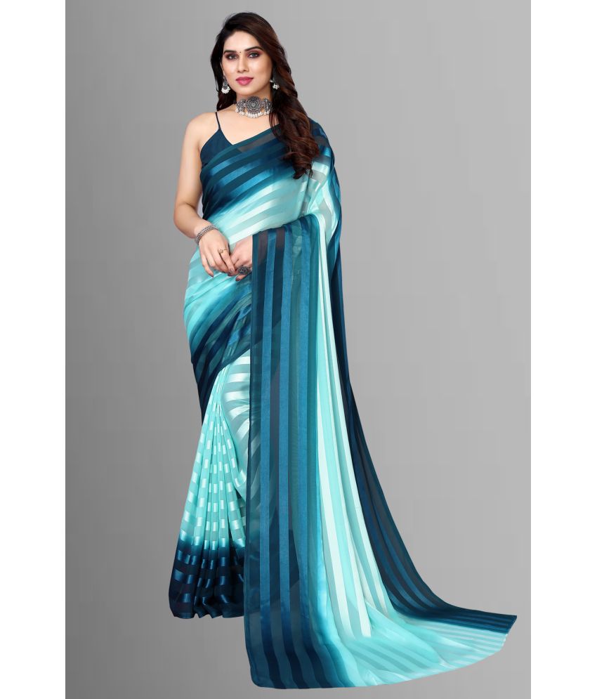     			Anand Sarees Satin Striped Saree Without Blouse Piece - Teal ( Pack of 1 )
