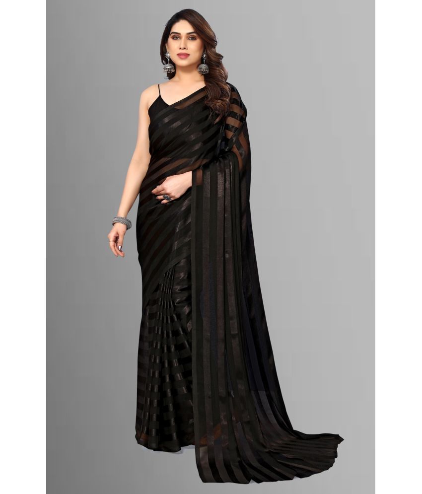     			Anand Satin Striped Saree Without Blouse Piece - Black ( Pack of 1 )