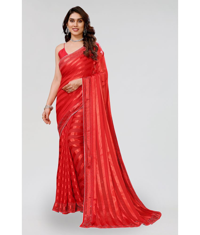     			Kashvi Sarees Satin Embellished Saree Without Blouse Piece - Red ( Pack of 1 )
