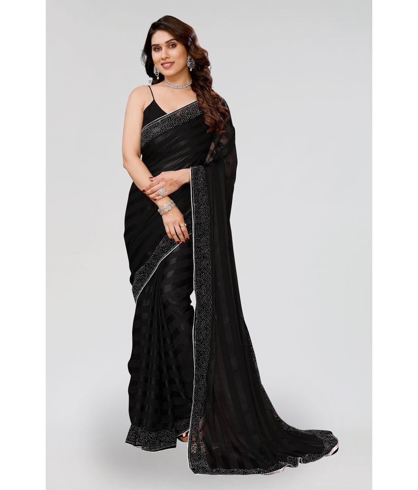     			Kashvi Sarees Satin Striped Saree With Blouse Piece - Black ( Pack of 1 )