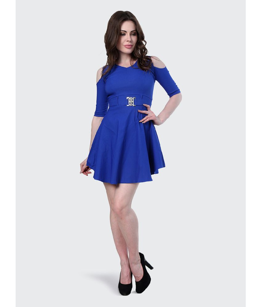     			BuyNewTrend Cotton Blend Solid Mini Women's Fit & Flare Dress - Blue ( Pack of 1 )
