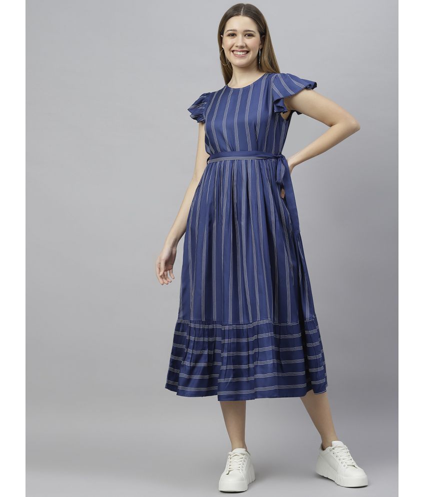     			Flamboyant Rayon Striped Ankle Length Women's Fit & Flare Dress - Navy Blue ( Pack of 1 )