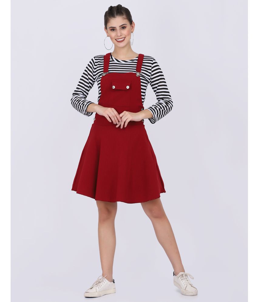     			BuyNewTrend Cotton Blend Striped Above Knee Women's Dungarees - Maroon ( Pack of 1 )