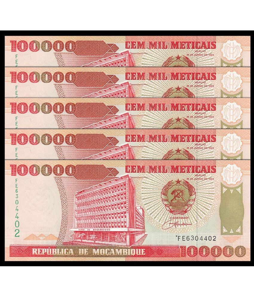     			Mozambique 100000 Meticais Consecutive Serial 5 Notes in Top Grade Gem UNC