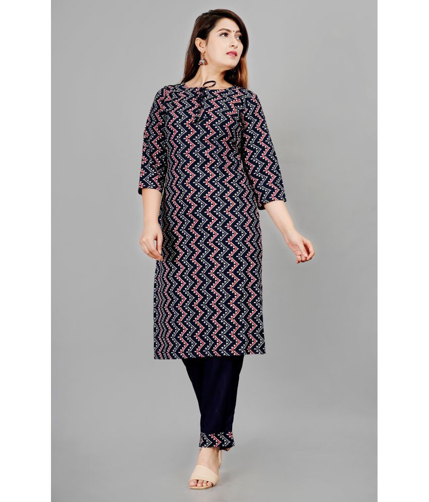     			SIPET Rayon Printed Kurti With Pants Women's Stitched Salwar Suit - Navy ( Pack of 1 )