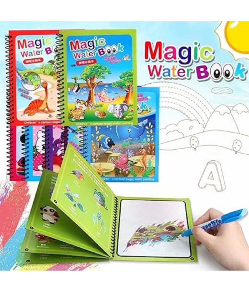     			Unico  Reusable Magic Water Quick Dry Book Water Coloring Book Doodle with Magic Pen for Painting Children's Education Drawing Pad (Random Designs)